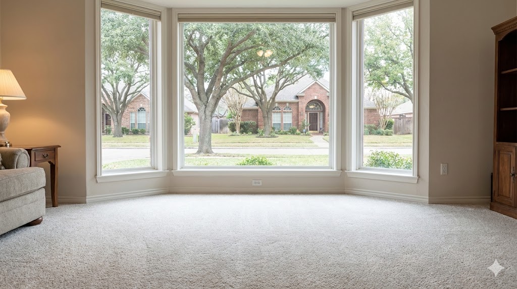 Spotless carpet in a Carrollton home with a view of a mature suburban neighborhood.