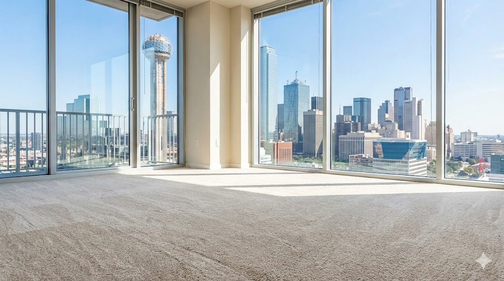 Clean carpet in a high-rise apartment with a view of the Dallas skyline and Reunion Tower