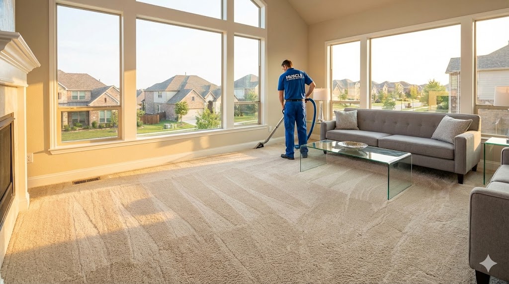 Pristine living room with freshly steam-cleaned carpets in a Frisco, TX home by Muscle Cleaning Services.