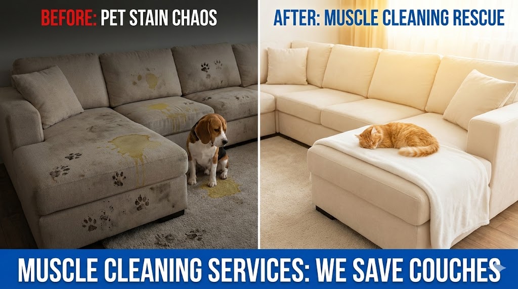 Split-screen before and after comparison showing a sectional covered in pet urine stains and muddy paw prints versus a perfectly clean sectional, demonstrating professional pet stain removal results by Muscle Cleaning Services in Dallas.